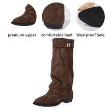 Women's Vintage Ruched Western Tall Boots, Metal Buckle Decor Low Heel Faux Suede High Shaft Cowboy Boots - Brown - View 6