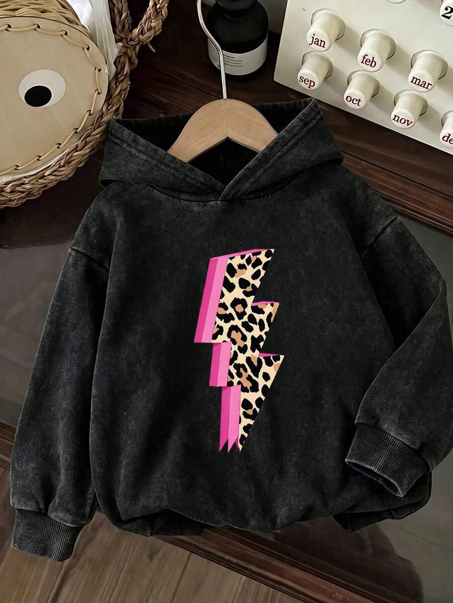 1pc Tween Girl Tween Girl Simple Leopard Print Washed Sweatshirt Long Sleeve Sweatshirt, Soft & Comfortable Casual Versatile Sports Pullover Top - Black - View 1