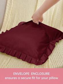 HONEYMOON 1pc Cute Ruffle Edge Pillow Case - Polyester Fabric, Romantic French Style, Ruffle Edge Cushion Cover (Pillow Insert Not Included), Envelope Closure, Wrinkle-Resistant, Machine Washable, Burgundy, Autumn Home Decor - Burgundy - View 4