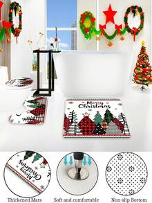 1/4pcs Christmas Tree Pattern Shower Curtain Set, Merry Christmas Buffalo Plaid Farmhouse Style Shower Curtain, Waterproof Fabric Winter Bathroom Shower Curtain, 70.8*70.8 Inches - A - View 12