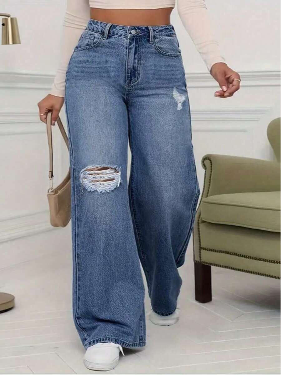 Plus Size Y2K Distressed Mom Fit Jeans For Women Extra Long Woven Non-Stretch Denim With Pockets, Vintage Grunge Style - Blue - View 1