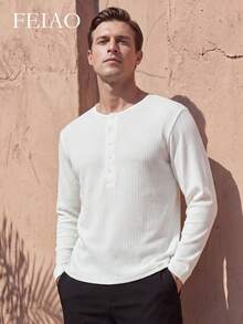 FEIAO Men's Vintage Old-School Fashion Solid Color Lightweight Knit Fabric Minimalist Casual Commute Versatile Top - White - View 1