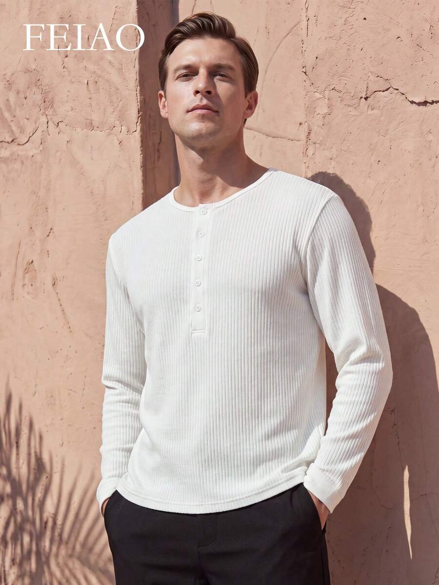 FEIAO Men's Vintage Old-School Fashion Solid Color Lightweight Knit Fabric Minimalist Casual Commute Versatile Top - White - View 1