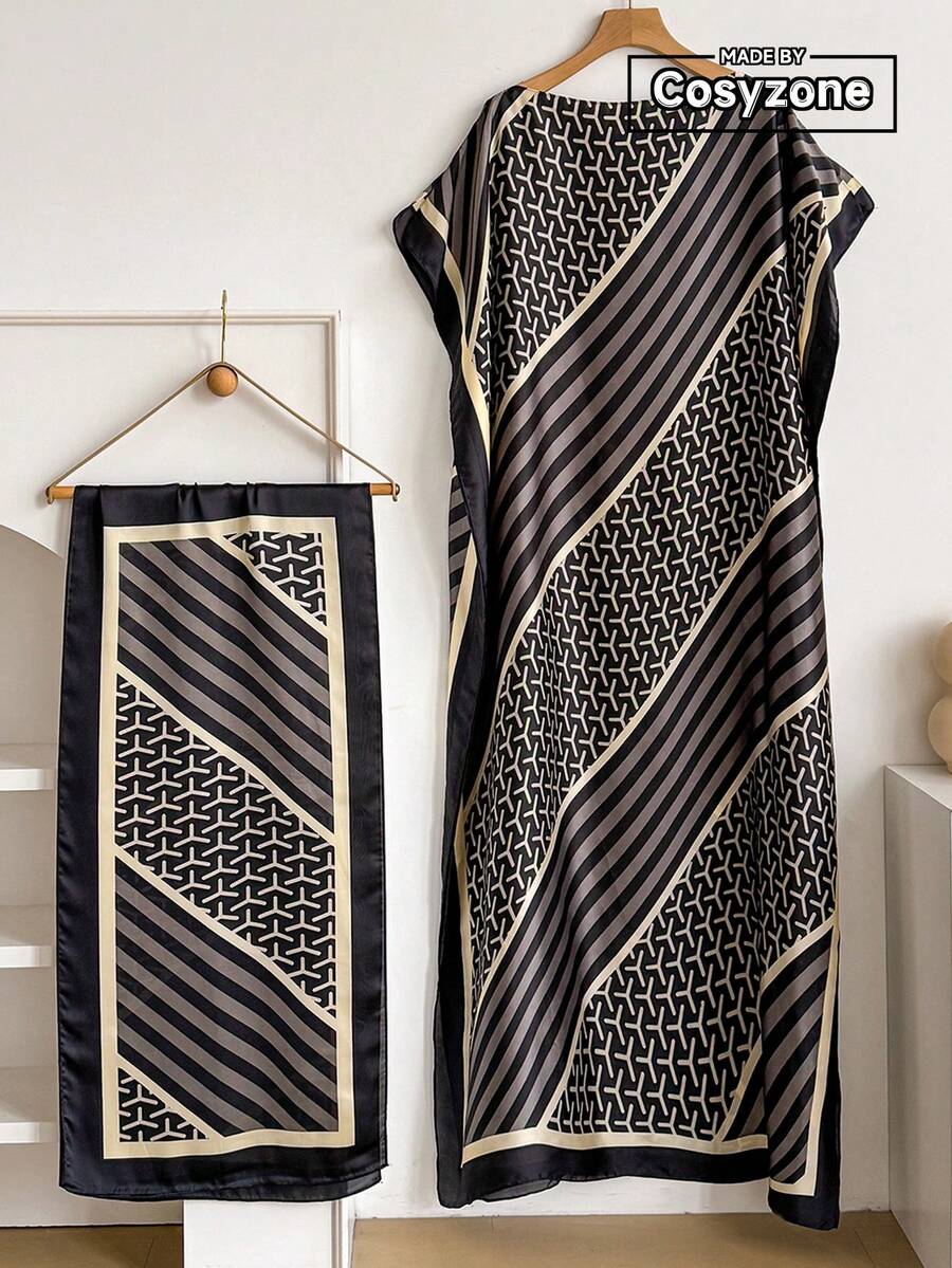 1 Set Faux Silk Elegant Pattern Printed Long Robe Set For Women, Beach Sun Protection Pullover Shawl With Satin Scarf, Perfect For Layering And Daily Wear - Black - View 1