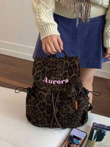 Tas Ransel Serut Motif Leopard Vintage Modis dengan Cetakan Huruf Sederhana, Tas Perjalanan Lipat Kapasitas Besar untuk Wanita dan Mahasiswa - Coffee Brown - View 5