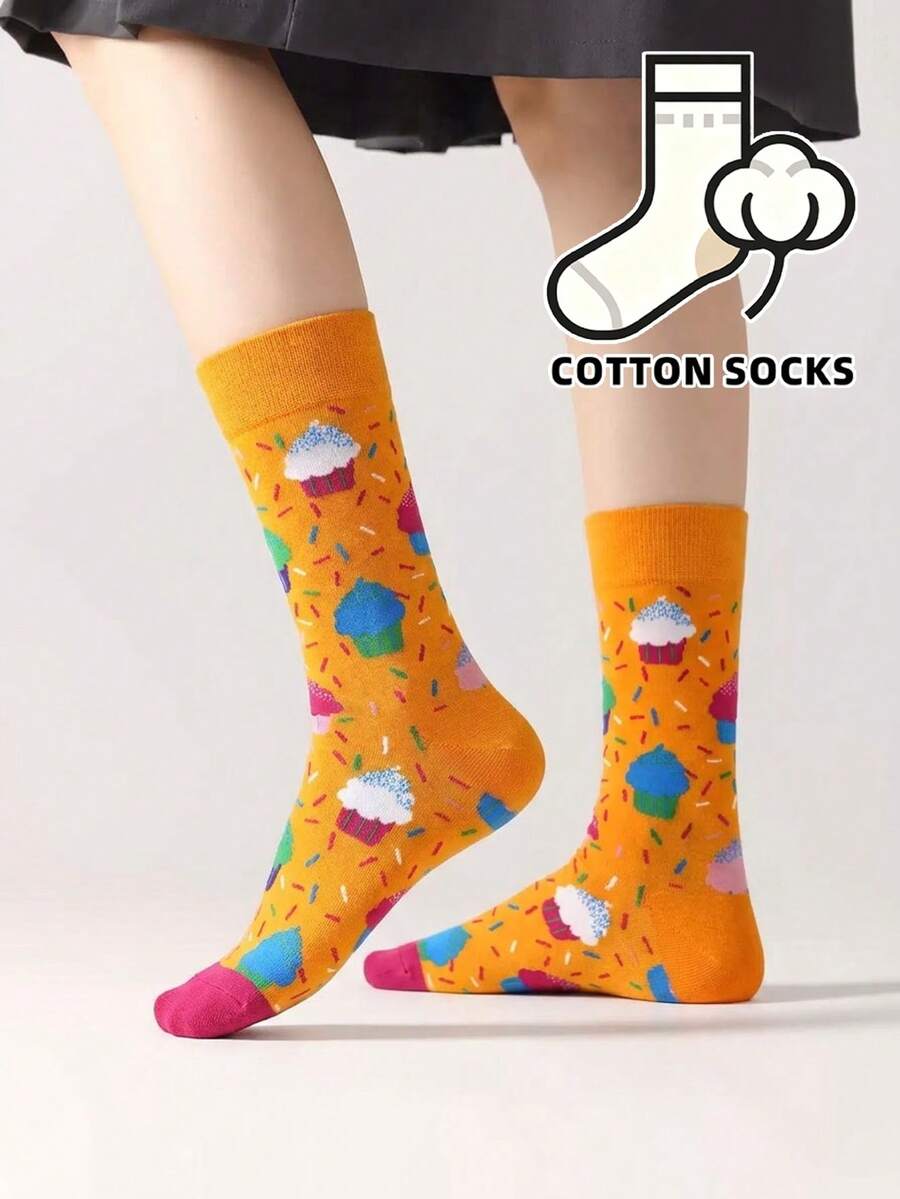 1 Pair Unisex Cake Print Cotton Mid-Calf Socks, Soft Comfortable Cute Food Pattern, Suitable For Men And Women - Multicolor - View 1