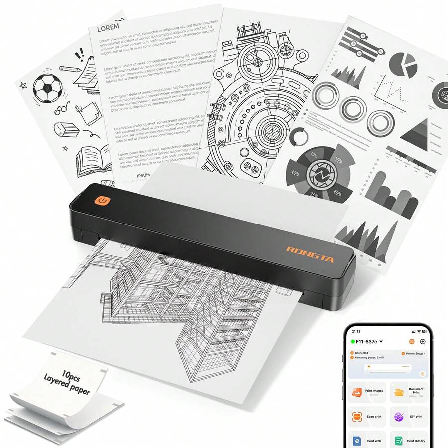 RONGTA F11B Pocket-Sized Inkless Printer for Home, Office, and School Use - No Ink Cartridges Needed, Supports Both A4 and 8.5x11 Inch Letter Size Thermal Paper, Wirelessly Connects to Phone, Laptop, or Pad for Easy Printing, Including 10 PCS Thermal Paper - Schwarz - Übersicht 1