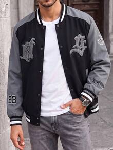 Men's Letter Embroidered Autumn Streetwear Baseball Jacket, Long Sleeve Colorblock Rave Jacket For Street Style, Men's Printed Jacket - Black - View 5