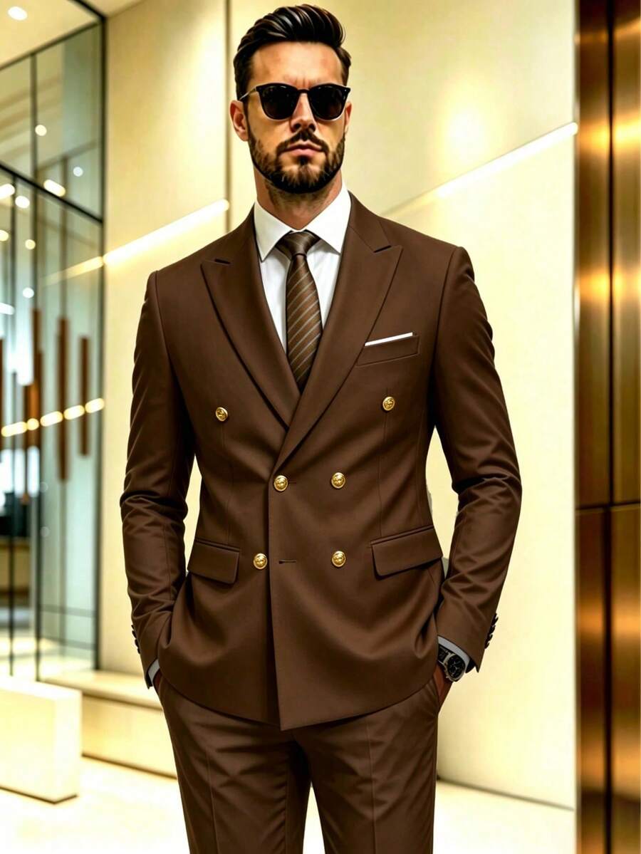 (Blazer + Trousers) Premium Solid Color Formal Business Office Men's Double-Breasted Suit 2 Pieces Set, Groom Wedding Performance Party Outfit - Brown - View 1