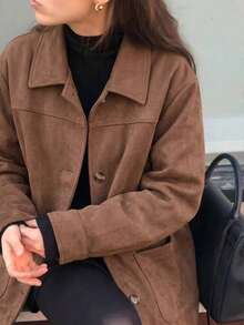 Fashion Women's Regular Length Brown Long Sleeve Collared Shacket, Woven Fabric, Button Front - Coffee - View 9