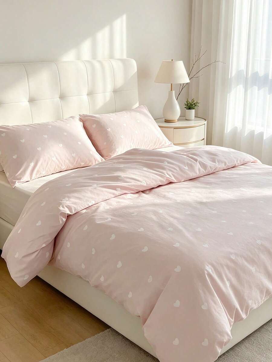 3pcs Pink Heart Polyester Duvet Cover Set (Without Comforter), (1 Duvet Cover And 2 Pillow Shams), Modern Love Theme Bedding Set, Suitable For All Seasons, Romantic Wedding Season