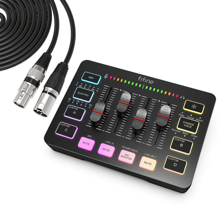 FIFINE SC3 Gaming Audio Mixer, 4 Channels Audio Interface With XLR/6.35mm/3.5mm Inputs, RGB Streaming Sound Card With Monitor, 48V Power, Mute Button (SC3+XLR Cable)