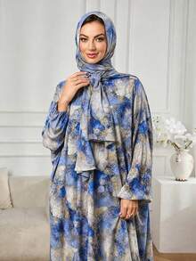 Abaya Panjang Motif Tinta Marmer Biru, Gaun Islami Panjang Longgar Lengan Panjang dengan Hijab Berkerudung yang Serasi, Cocok untuk Ramadan dan Idul Fitri, Busana Sholat Ramadan yang Konservatif - Royal Blue - View 5
