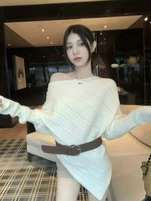 Women's Shoulder Strap Belted Knit Sweater Top, New Autumn/Winter Lazy High-End Style - Apricot - View 5