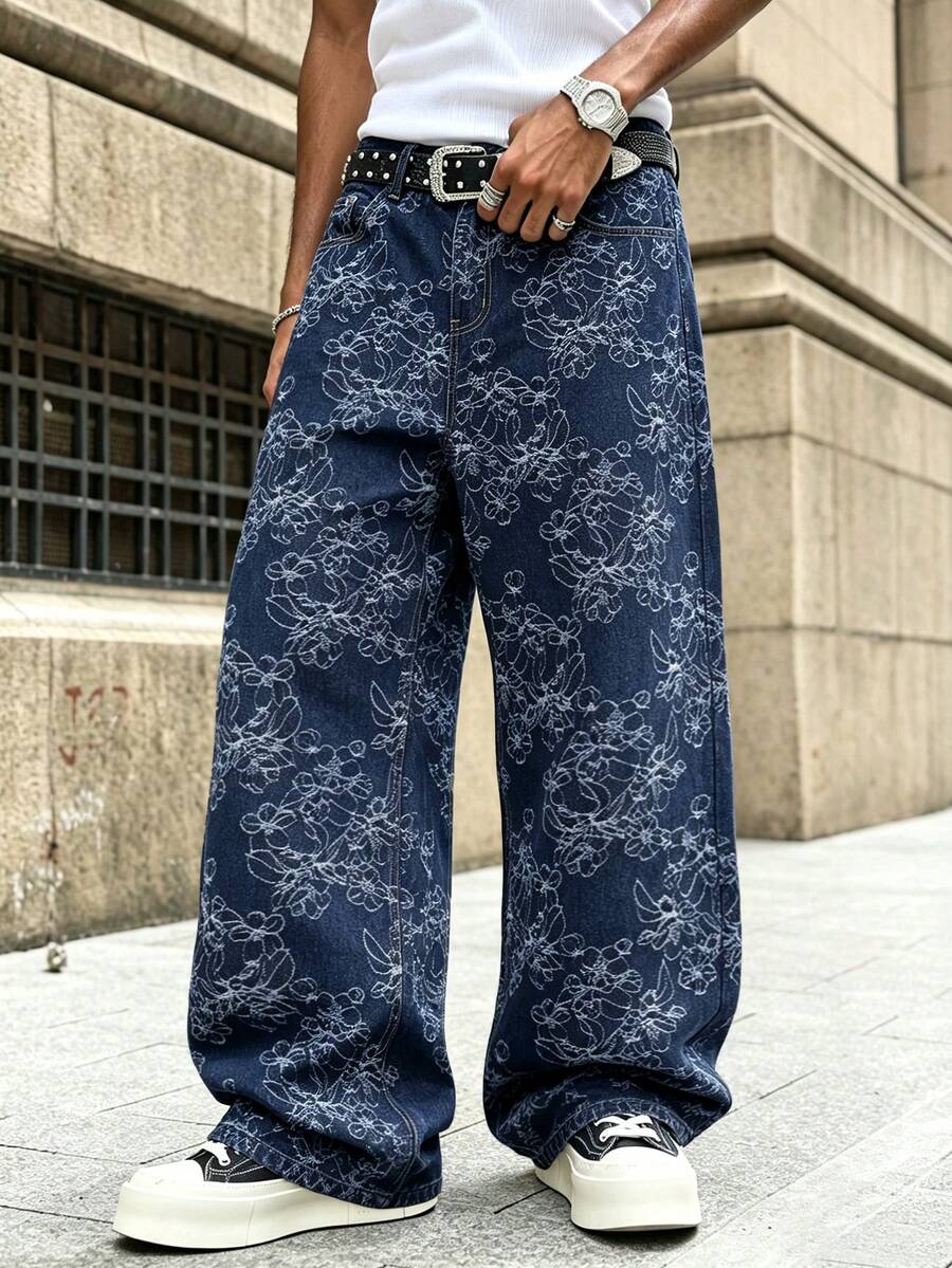 LIYS Men's Blue Wash Loose Wide Leg Jacquard Jeans Loose Casual Style Trousers Fall - Blue - View 1