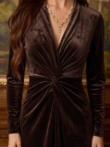 Women's Charming Brown Knitted Long Sleeve Cocktail Dress, Overlap Collar Twisted Front High Slit, Elegant Formal Gown - Coffee Brown - View 5