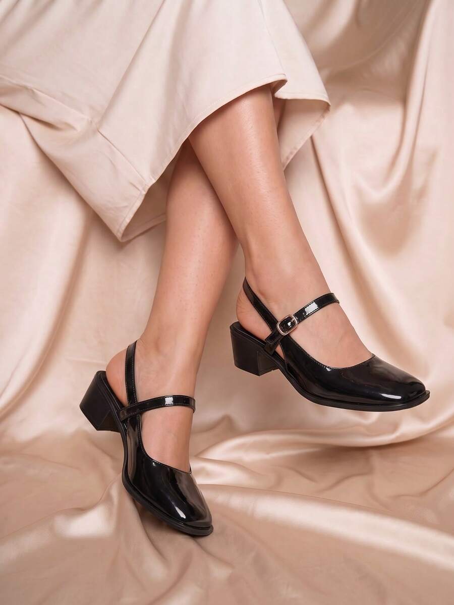 2025 女士时尚浅金色镜面金属玛丽珍鞋，适合通勤、约会、派对、度假，春季鞋款，春假复活节简约系带平底鞋，新款水晶约会高端时尚纯色高跟凉鞋，大码女鞋 - 黑色 - 查看 1