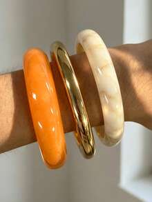 3pcs/Multi-Piece Stackable Fashion Minimalist Elegant Exquisite Vintage Design White & Orange Resin Geometric Asymmetrical Marbled Pattern CCB Metal Style Round Bangles Set, Holiday Vacation Party Date Gift, Daily Commute Wear, Personalized - Multicolor - View 5