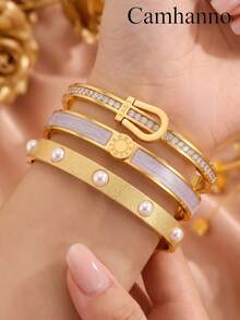 Camhanno 3/1pc Stainless Steel Plated 18K Gold Bracelet Set With Sand Faced Pearl For Women's Style, Handmade Set - Gold - View 2