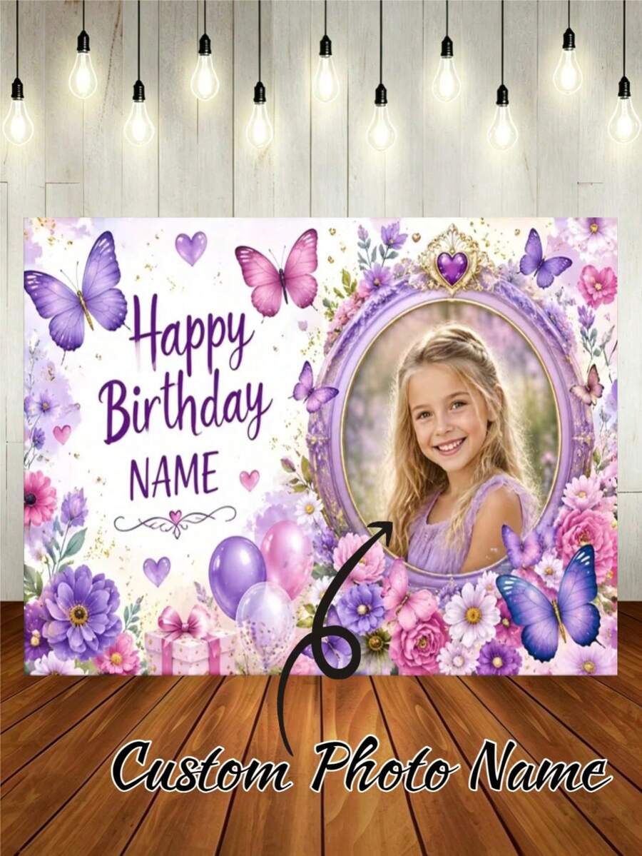 1pc Customizable Photo & Name Butterfly Theme Happy Birthday Backdrop, Pink & Purple Gradient Butterfly Floral Heart Gem Sequin Balloon Gift Box Decor Design, Suitable For Theme Birthday Party Cake Smash Background Photography Prop Vinyl
