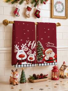 2pcs Christmas Red Cartoon Reindeer, Santa Claus, Christmas Tree Pattern Kitchen Towels, Soft Polyester Dish Cloths, Suitable For Kitchen Decor, Kitchen Cleaning, Holiday Party Decoration, Kitchen Bathroom Supplies, Home Essentials, Home Decor, Housewarming Gift - Multicolor - View 1