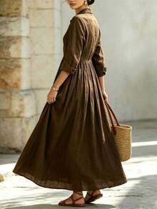 Fashion Solid Color Elegant Design Button Front Detail Shirt Collar Long Sleeve Dress - Brown - View 2