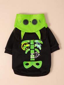 LUCKIE PAL 1pc Halloween Cartoon Pet Hooded Sweatshirt Space Skeleton Rib Planet Rocket Cat Print Spring Autumn Thin Breathable Dog Clothes Suitable For Small And Large Dogs And Cats Indoor And Outdoor - Black - View 10