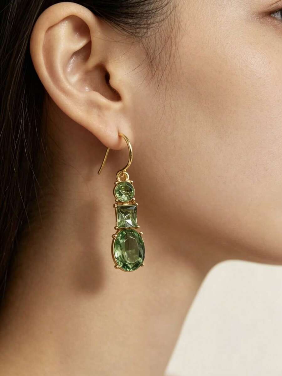 1 Pair Vintage Bohemian Style Elegant Fashion Geometric Green Rhinestone Dangle Earrings (Color Difference May Occur Due To Different Shooting Angles)