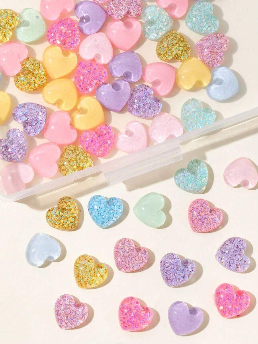 10/30/50/100pcs Multicolor Glitter Heart Flatback Slime 3D Charms Bulk For DIY Scrapbooking, Hair Pins, Phone Case,Clips Etc. Crystal Ice Design Flatback Cabochons - Multicolor - View 1