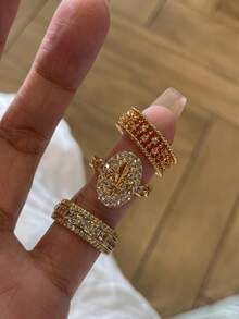 3pcs Old Money Style Vintage Full Rhinestone Iris Flower Rings, Luxury Retro Niche High-End Feel, Stackable Rhinestone Index Finger Ring Band, Versatile Fashion Accessory For Daily Commute - Gold - View 7