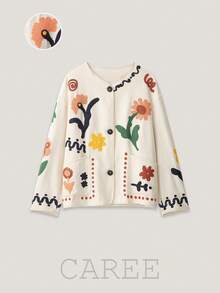 CAREE Women's Autumn/Winter Beige Base Colorful Floral Embroidered Round Neck Front Button Drop Shoulder Large Pocket Loose Jacket - White - View 1