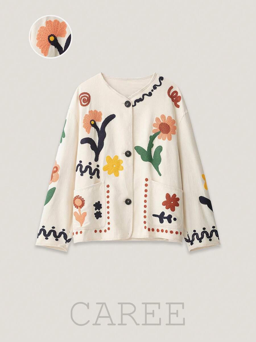 CAREE Women's Autumn/Winter Beige Base Colorful Floral Embroidered Round Neck Front Button Drop Shoulder Large Pocket Loose Jacket - White - View 1