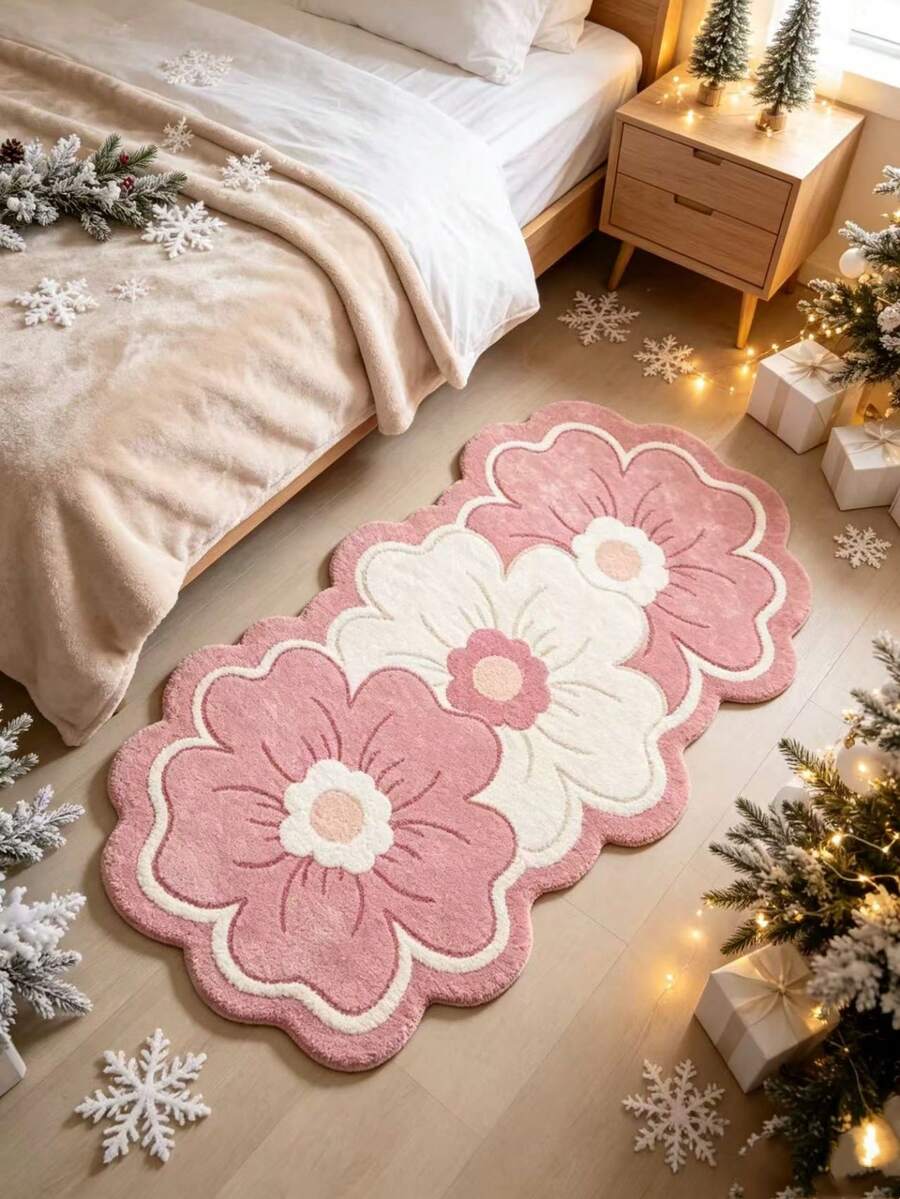 1pc 2026 New Pink & White Large Flower Wavy Asymmetrical Long Bedside Rug, Suitable For Bedroom Bedside, Walk-In Closet, Girly Cream Style Home Decor, Petal Outline Flower Flocked Decorative Mat, Bedroom Rug, Bedside Rug, Decorative Rug, Washable Rug, Indoor Flower Shaped Mat, Daily Home Gift - Multicolor - View 1