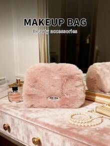 Grey Pink Faux Rabbit Fur Shell Zipper Makeup Bag, Soft Fluffy Woven MIU MIU Label, Sweet Style Cosmetic Storage Bag, Suitable For Daily Travel, Birthday Holiday Gift MIUMIU-GIFT-6 - Pink - View 3