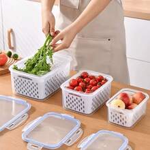 9-Piece Set: 3 Storage Boxes + 3 Lids + 3 Colander Baskets, Plastic Food Preservation Boxes With Colander And Lids - Leak-Proof, Freezer-, Reusable Multi-Functional Kitchen Storage Containers For Fruits, Vegetables And Food, Double-Layer Refrigerator Colander Storage Set - Multicolor - View 7