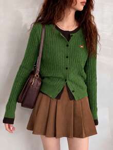 Women's Autumn/Winter Minimalist Casual Cute Versatile Colorblock 2 In 1 Knit Cardigan Sweater Jacket - Green - View 1