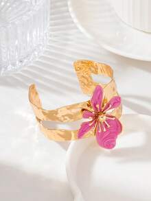 1pc Elegant Personalized Women's Oil Drip Style Flower Open Cuff Bracelet - Magenta 5 - View 1