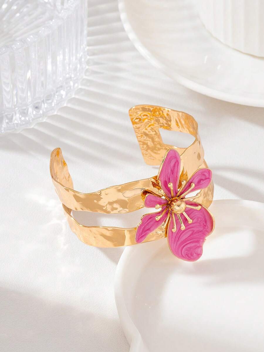 1pc Elegant Personalized Women's Oil Drip Style Flower Open Cuff Bracelet - Magenta 5 - View 1