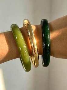 3pcs/Set Fashionable Minimalist Elegant Exquisite Vintage Design Green Resin Geometric Asymmetrical Marbled Pattern CCB Metal Style Round Bangle Bracelet Set, Holiday Vacation Party Date Gift, Daily Commute Wear, Personalized - Multicolor - View 3