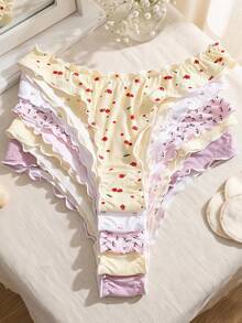 DAZY 5pcs Sweet Floral Ruffle Low Waist Seamless Bikini Panties, Soft And Comfortable, Suitable For Yoga, Sports And Daily Wear - Multicolor - View 2
