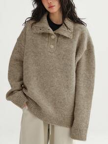 Alicedudu Women's Autumn/Winter Vintage Style Half-Button Loose Pullover Sweater - Khaki Gray - View 4