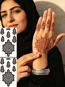 2pcs Henna Tattoo Stencil, Symmetrical Round Mandala Paisley Floral Body Art Template, Suitable For Hands, Wrists, Fingers DIY Body Painting - Black - View 3