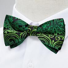 Black Background Bright Green Paisley Pattern Pre-Tied Bow Tie, Pocket Square, Cufflinks, Lapel Pin 4-Piece Set For Wedding And Formal Occasions - Black - View 3