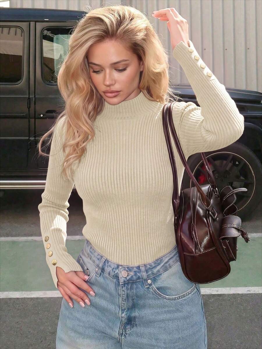 Women's Khaki Turtleneck Sweater, Metal Button Decor, Warm Knit Top For Layering, Suitable For Commute And Daily Wear, Autumn/Winter Fall - M Beige - View 1