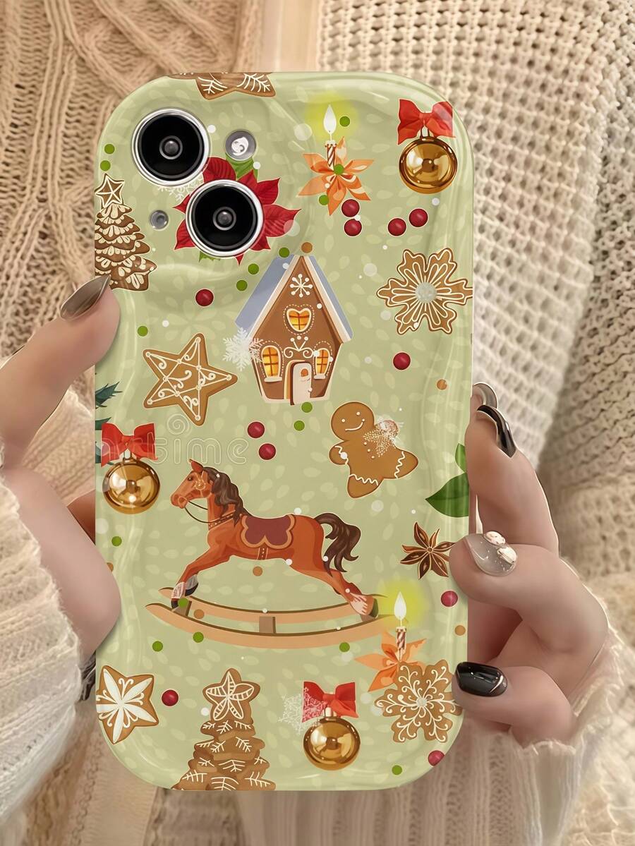 Cream Wavy Edge Phone Case, Light Green Wavy Frame Phone Case, Christmas Rocking Horse Gingerbread House Decorative Print Pattern Anti-Drop Soft TPU Phone Case, Compatible With Apple 11, 12, 13, 14, 15, 16, 17, 18 Pro Max. Beautiful Phone Case Suitable For Women And Girls, Compatible With Galaxy, Honor, Phones - White - View 1
