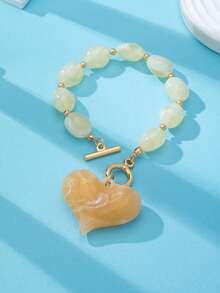 1/5 Pcs Heart Beaded Bracelet For Women, Vintage Acrylic Heart Charm Toggle Clasp Bracelet, Colorful Marble Bead Stackable Bracelet Jewelry Gift - Multicolor - View 4