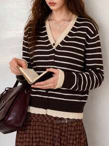 Cardigan Rajut Leher V 2-in-1 Bergaris Klasik Elegan Kasual Musim Gugur untuk Wanita - Coffee Brown - View 1