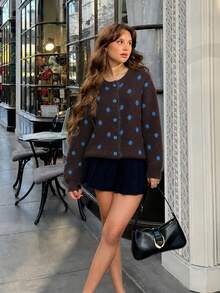 Women's Fashion Polka Dot Button Cardigan, Blue Button Street Style Sweater, Suitable For Autumn/Winter Thanksgiving, Halloween, Christmas Outfits - Coffee Brown - View 6