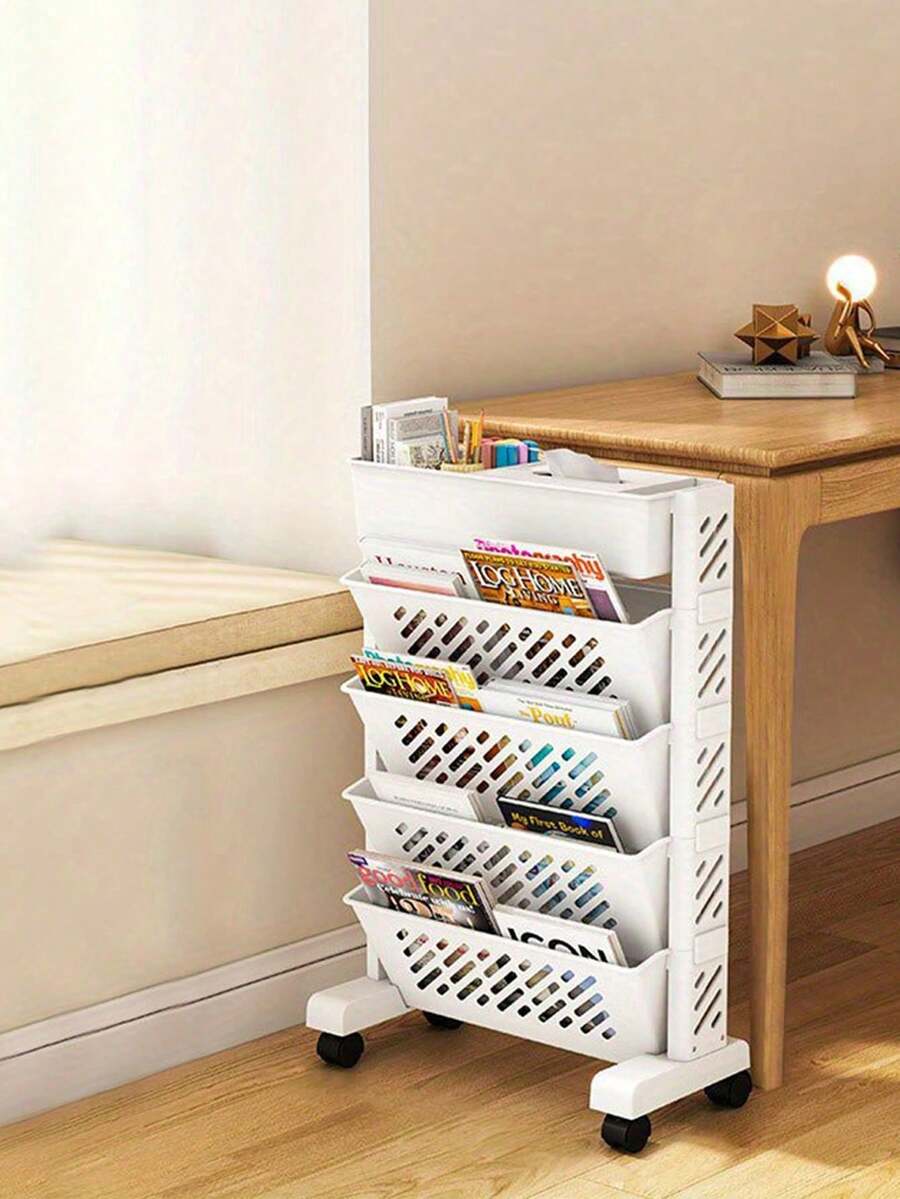 1pc Movable Classroom Desk Side Bookshelf, Multi-Purpose Wall Mounted Book Storage Rack, Hanging Desk Side Trolley Cart With Wheels, Space Saving Organizer For Student Home Office Dorm Bedroom, Portable Utility Cart, Sturdy Easy Assembly - White - View 1