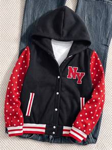 Jaket Baseball Berkerudung Gaya American Sweet Cool untuk Anak Perempuan, Musim Gugur/Dingin, dengan Lengan Patchwork Polka Dot Warna Blok dan Bordir Huruf - Hitam - View 2